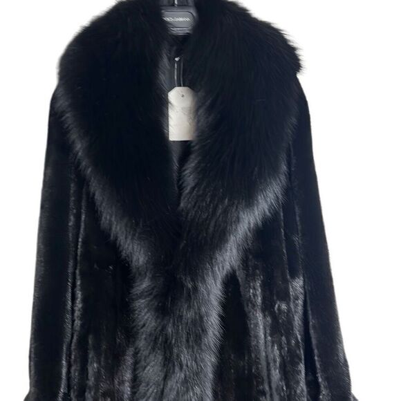 NWT The Caitlin Black Mink Maxi Coat with Fox Tuxedo Collar 52” - Picture 13 of 16
